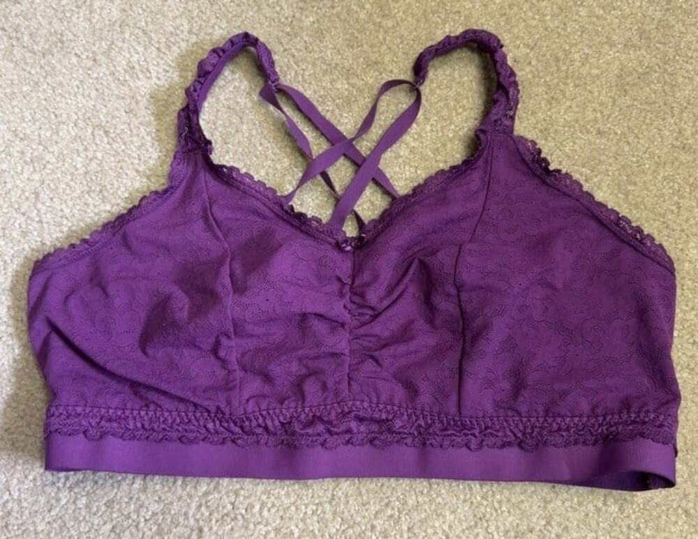 Cacique Lane Bryant 22 24 Bralette Purple Lace Strappy Back Wireless Pullover
